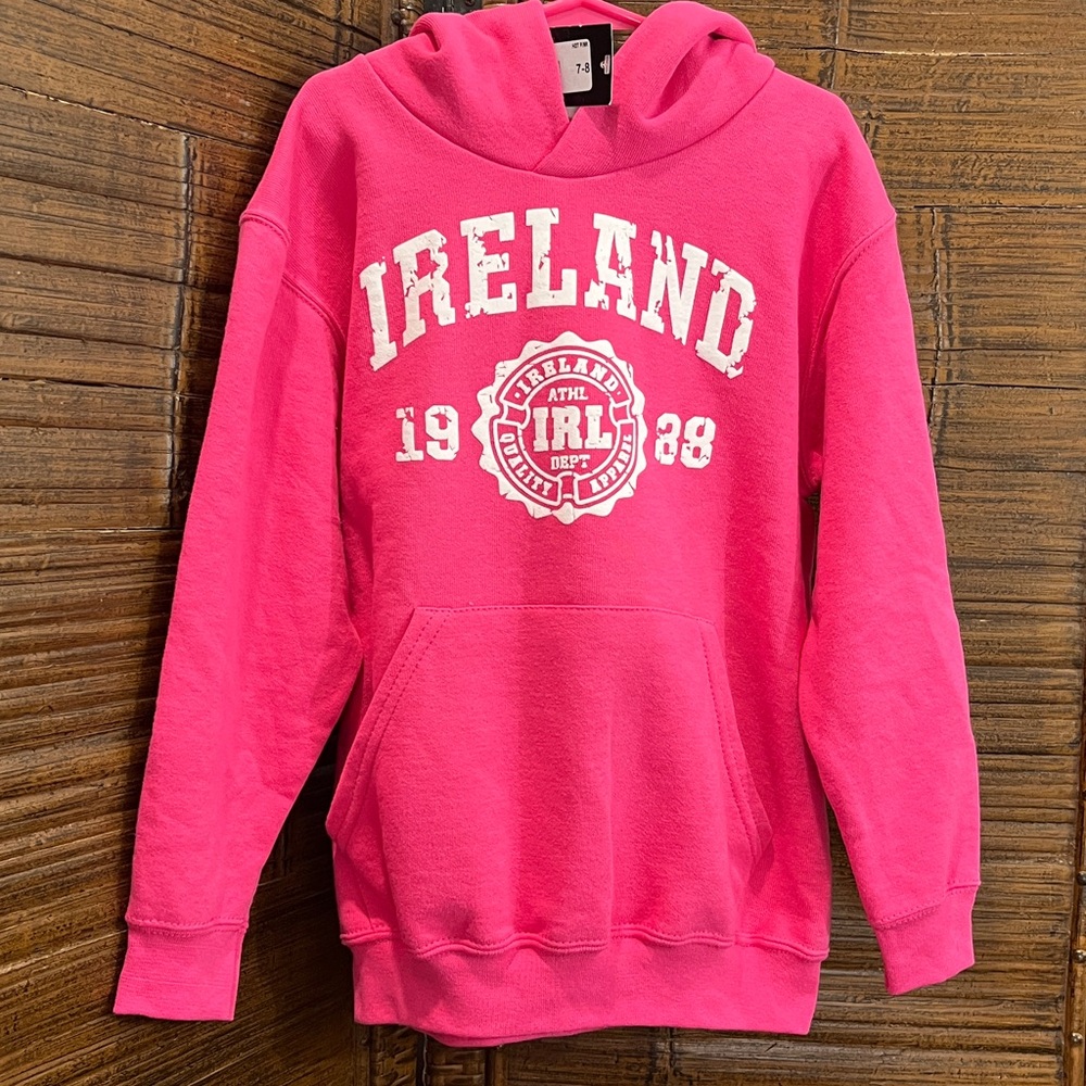 Cara Craft Ireland 1988 Pink Hooded Sweatshirt Puffy Print, NWT size 7-8 youth